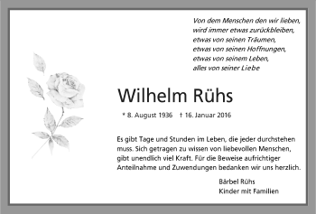 Traueranzeige von Wilhelm Rühs von Wetterauer Zeitung, Wetterauer Zeitung