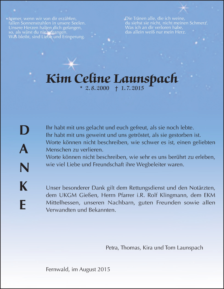  Traueranzeige für Kim Celine Launspach vom 15.08.2015 aus Gießener Allgemeine, Alsfelder Allgemeine