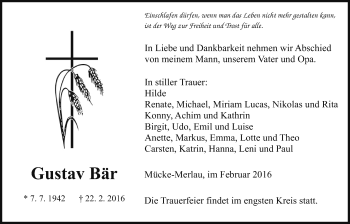Traueranzeige von Gustav Bär von Gießener Allgemeine, Alsfelder Allgemeine