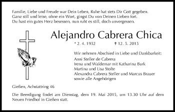 Traueranzeige von Alejandro Cabrera Chica von Gießener Allgemeine, Alsfelder Allgemeine