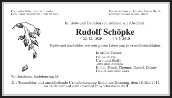 Traueranzeige von Rudolf Schöpke von Wetterauer Zeitung, Wetterauer Zeitung