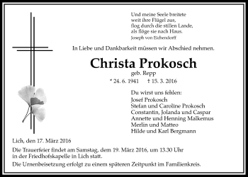 Traueranzeige von Christa Prokosch von Gießener Allgemeine, Alsfelder Allgemeine
