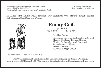 Traueranzeige von Emmy Geiß von Alsfelder Allgemeine