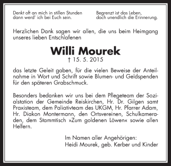 Traueranzeige von Willi Mourek von Gießener Allgemeine, Alsfelder Allgemeine
