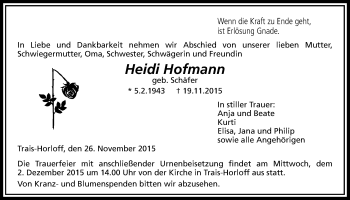 Traueranzeige von Heide Hofmann von Licher Wochenblatt, Licher Wochenblatt, Licher Wochenblatt