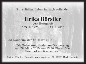 Traueranzeige von Erika Börstler von Wetterauer Zeitung, Wetterauer Zeitung