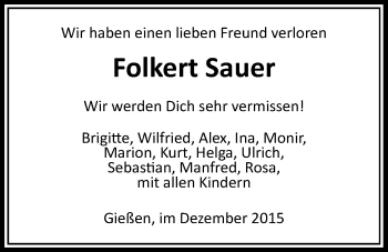 Traueranzeige von Folkert Sauer von Gießener Allgemeine, Alsfelder Allgemeine