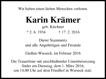 Traueranzeige von Karin Krämer von Gießener Allgemeine, Alsfelder Allgemeine