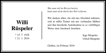 Traueranzeige von Willi Rüspeler von Gießener Allgemeine, Alsfelder Allgemeine
