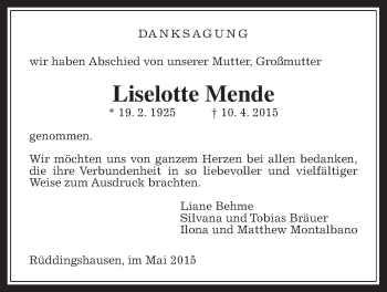 Traueranzeige von Liselotte Mende von Rabenauer Zeitung