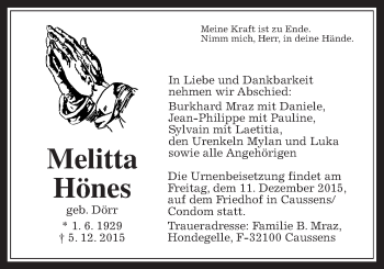 Traueranzeige von Melitta Hönes von Gießener Allgemeine, Alsfelder Allgemeine