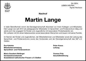 Traueranzeige von Martin Lange von Gießener Allgemeine, Alsfelder Allgemeine