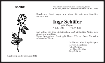 Traueranzeige von Inge Schäfer von Gießener Allgemeine, Alsfelder Allgemeine