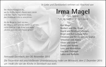 Traueranzeige von Irma Magel von Gießener Allgemeine, Alsfelder Allgemeine