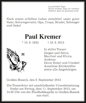 Traueranzeige von Paul Kremer 