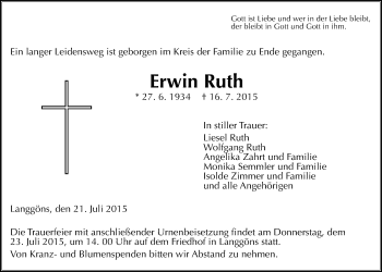 Traueranzeige von Erwin Ruth von Gießener Allgemeine, Alsfelder Allgemeine