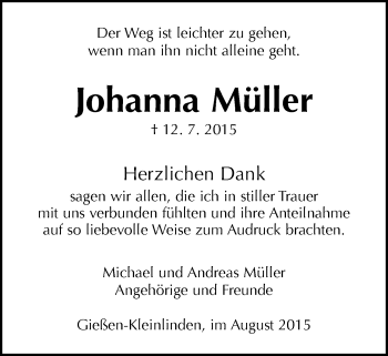 Traueranzeige von Johanna Müller von Gießener Allgemeine, Alsfelder Allgemeine