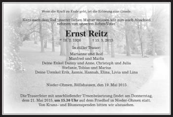 Traueranzeige von Ernst Reitz von Alsfelder Allgemeine