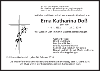 Traueranzeige von Erna Katharina Doß von Gießener Allgemeine, Alsfelder Allgemeine