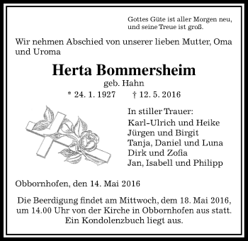 Traueranzeige von Herta Bommersheim von Gießener Allgemeine, Alsfelder Allgemeine