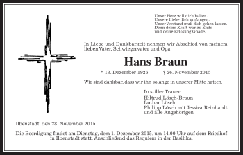 Traueranzeige von Hans Braun von Wetterauer Zeitung, Wetterauer Zeitung