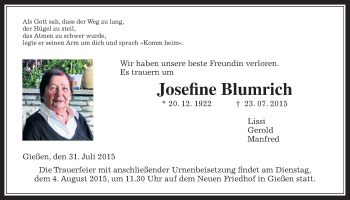 Traueranzeige von Josefine Blumrich von Gießener Allgemeine, Alsfelder Allgemeine