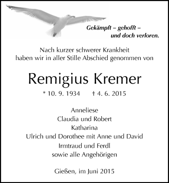 Traueranzeige von Remigius Kremer von Gießener Allgemeine, Alsfelder Allgemeine