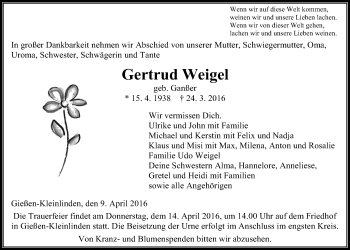 Traueranzeige von Gertrud Weigel von Gießener Allgemeine, Alsfelder Allgemeine