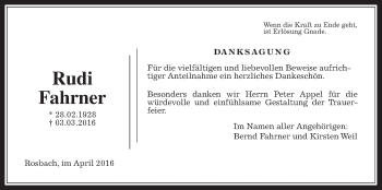 Traueranzeige von Rudolf Fahrner von Wetterauer Zeitung, Wetterauer Zeitung