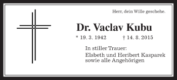 Traueranzeige von Vaclav Kubu von Wetterauer Zeitung, Wetterauer Zeitung