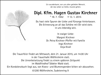 Traueranzeige von Hagen Gustav Kirchner von Wetterauer Zeitung, Wetterauer Zeitung