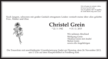 Traueranzeige von Christel Grein von Wetterauer Zeitung, Wetterauer Zeitung