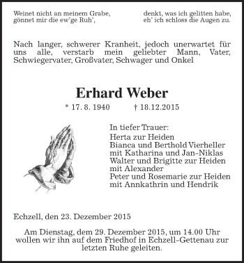 Traueranzeige von Erhard Weber von Wetterauer Zeitung, Wetterauer Zeitung
