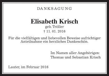 Traueranzeige von Elisabeth Krisch von Gießener Allgemeine, Alsfelder Allgemeine