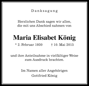 Traueranzeige von Maria Elisabet König von Wetterauer Zeitung, Wetterauer Zeitung