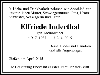 Traueranzeige von Elfriede Inderthal von Gießener Allgemeine, Alsfelder Allgemeine
