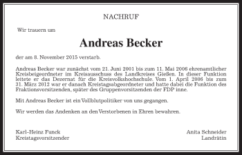 Traueranzeige von Andreas Becker von Gießener Allgemeine, Alsfelder Allgemeine