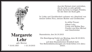Traueranzeige von Margarete Lehr von Wetterauer Zeitung, Wetterauer Zeitung