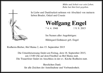Traueranzeige von Wolfgang Engel von Gießener Allgemeine, Alsfelder Allgemeine