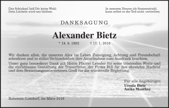 Traueranzeige von Alexander Bietz von Gießener Allgemeine, Alsfelder Allgemeine