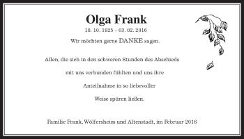 Traueranzeige von Olga Frank von Wetterauer Zeitung, Wetterauer Zeitung