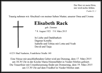 Traueranzeige von Elisabeth Rack von Wetterauer Zeitung, Wetterauer Zeitung