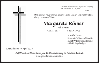 Traueranzeige von Margarete Römer von Heimatzeitung Grünberg + Laubach, Laubacher Anzeiger