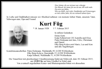Traueranzeige von Kurt Füg von Wetterauer Zeitung, Wetterauer Zeitung