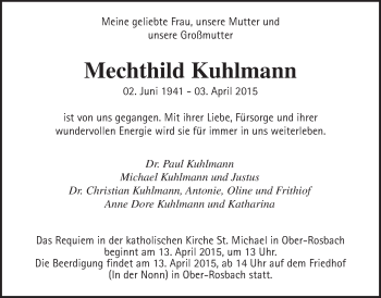Traueranzeige von Mechthild Kuhlmann von Wetterauer Zeitung, Wetterauer Zeitung