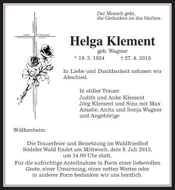 Traueranzeige von Helga Klement von Wetterauer Zeitung, Wetterauer Zeitung