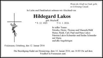 Traueranzeige von Hildegard Lakos von Gießener Allgemeine, Alsfelder Allgemeine