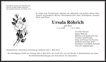Traueranzeige von Ursula Röhrich von Alsfelder Allgemeine