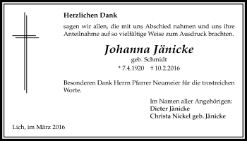 Traueranzeige von Johanna Jänicke von Licher Wochenblatt, Licher Wochenblatt, Licher Wochenblatt