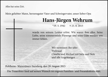 Traueranzeige von Hans Jürgen Wehrum von Gießener Allgemeine, Alsfelder Allgemeine